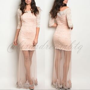Peach Scalloped Lace & Tulle Full Length Gown